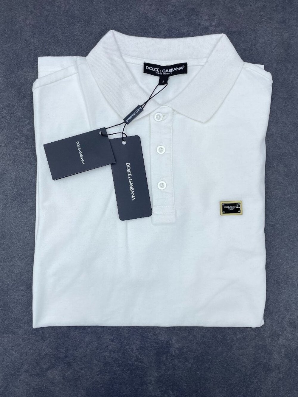 Dolce & Gabbana Men’s White Polo Shirt Logo Plaque- Size Medium